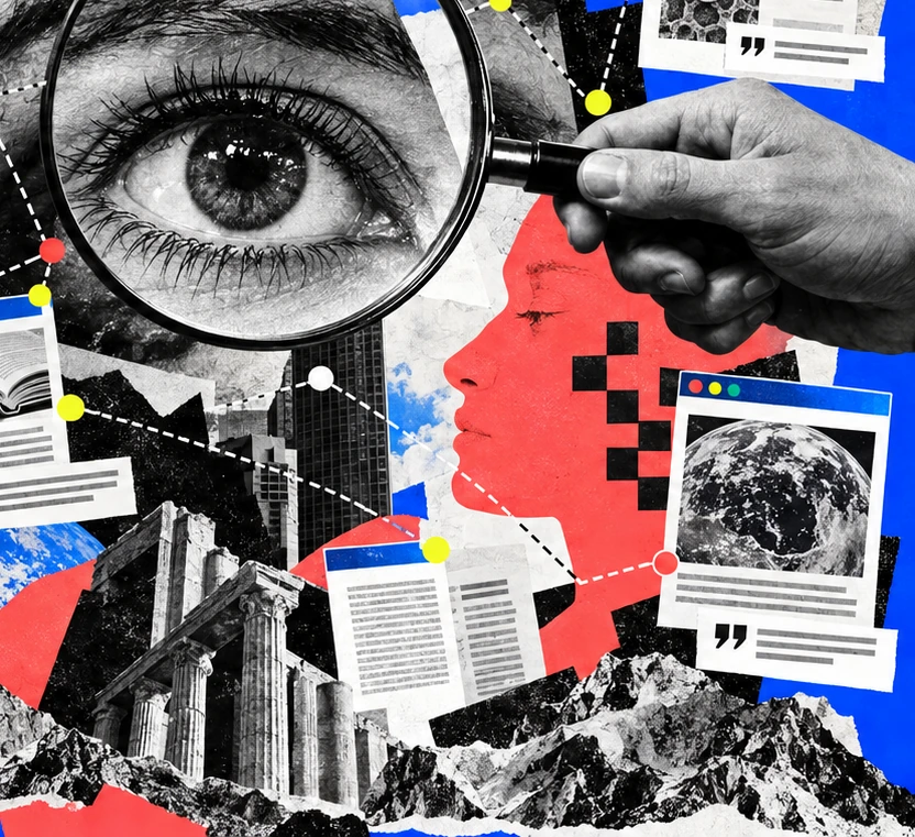 A magnified eye, a hand and source fragments in an original paper-cut collage