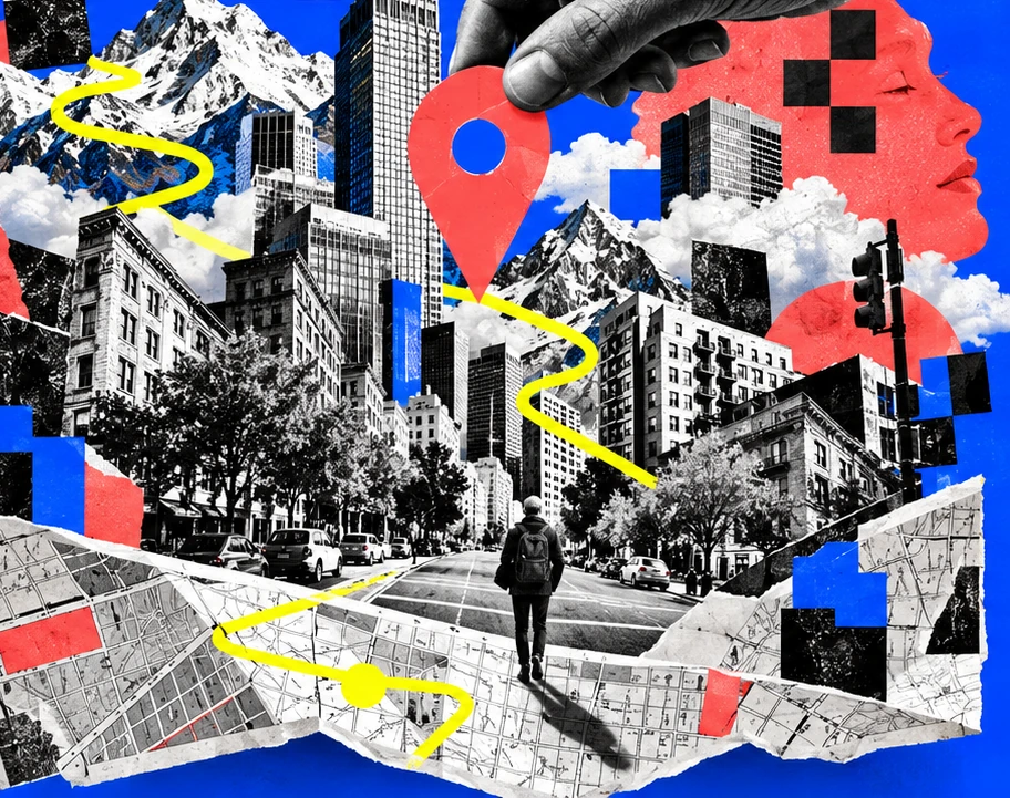 A hand connects a city, mountains and a yellow route in a paper-cut collage